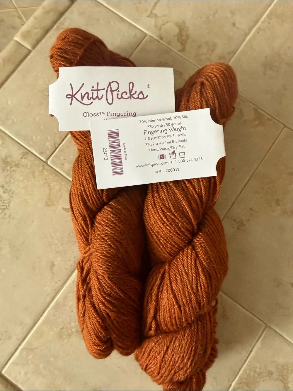 Knit Picks Gloss Fingering Masala Orange Merino/Silk Blend Yarn 2 Hanks